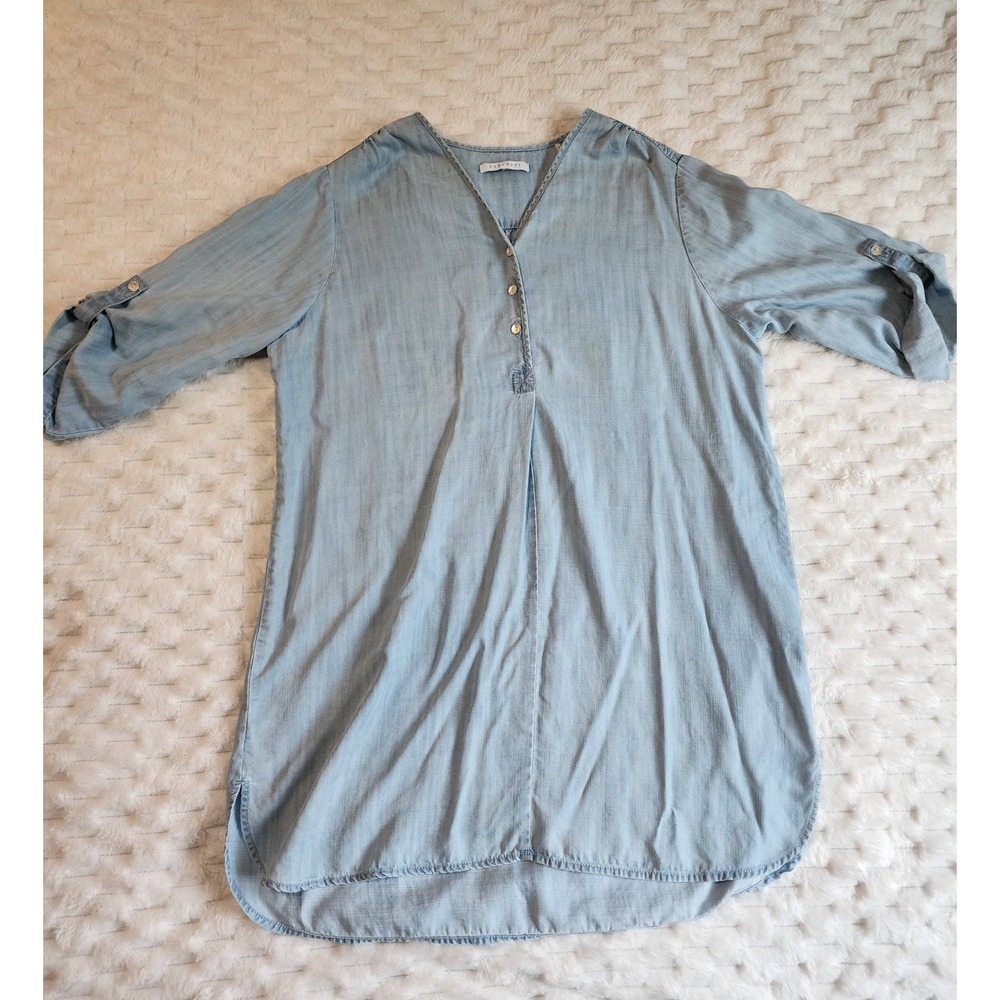 Foxcroft Chambray Tunic Shirt Dress Roll Tab Sleeves V Neck Blue Women's